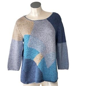 VTG J.H. COLLECTIBLES Blue Beige Color Block Long Sleeve Knit Sweater Top Sz XL